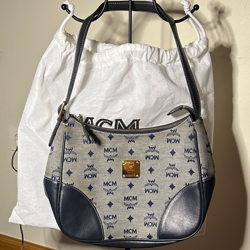 MCM Navy and Gray Monogram Shoulder Bag Leather & Denim w Dust Bag